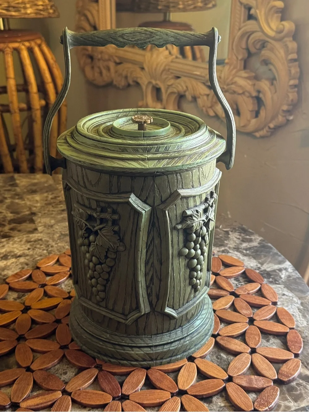 Vintage MCM Grape Ice Bucket – Avocado Green Faux Woodgrain Barware